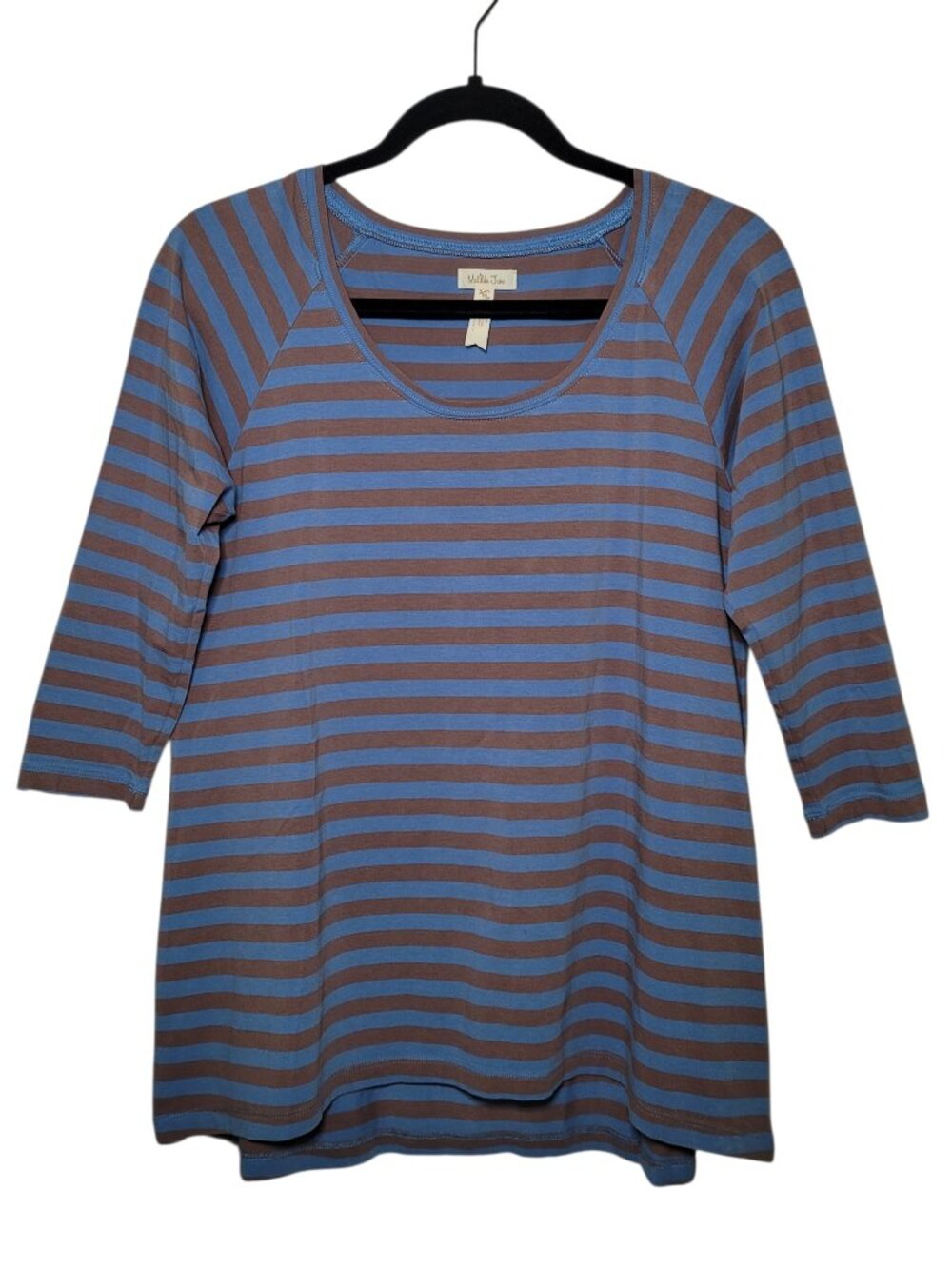 Matilda Jane Blue Brown Striped Top 3/4  Sleeve Scoop Neck Medium Boho Chic